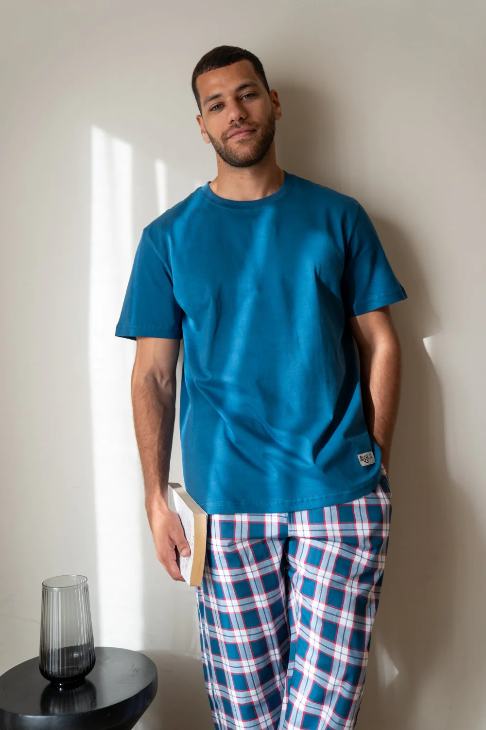 Men summer pajama set Petroleum T-shirt + Indigo X Red Plaid Pants - Image 2