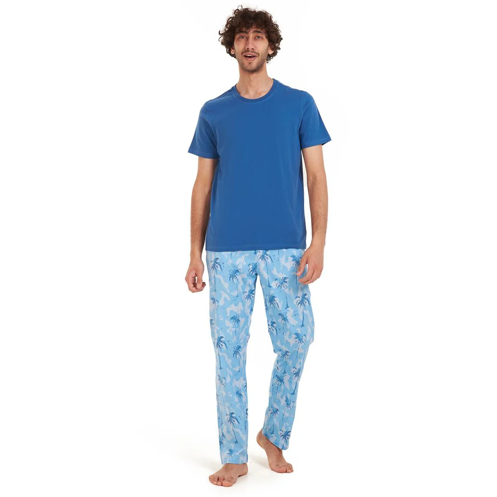 Men summer pajama set Petroleum t-shirt +Light blue Palm Pants - Image 2