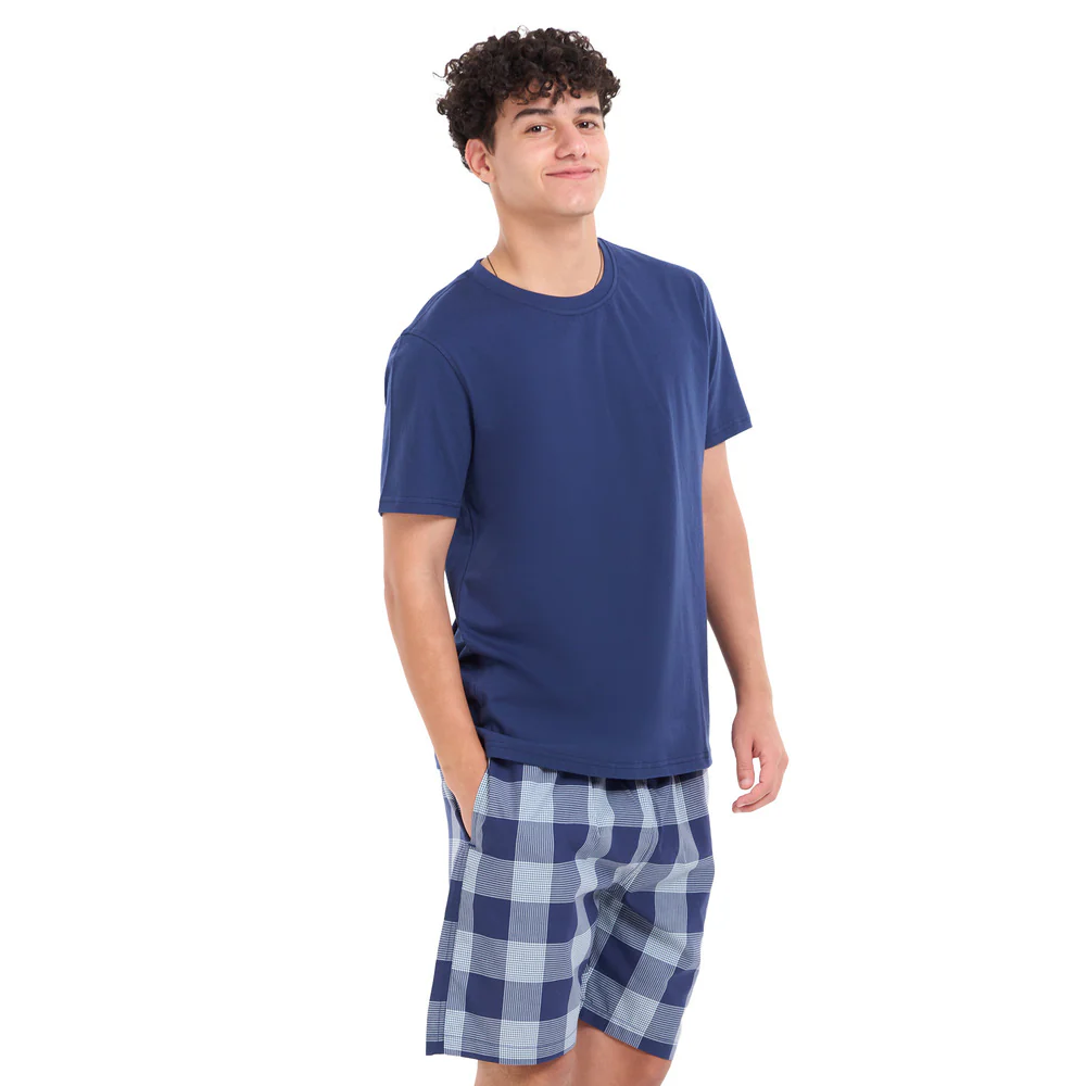 Men summer pajama set Dark blue T-shirt + Light blue x dark blue Checkered shorts - Image 2