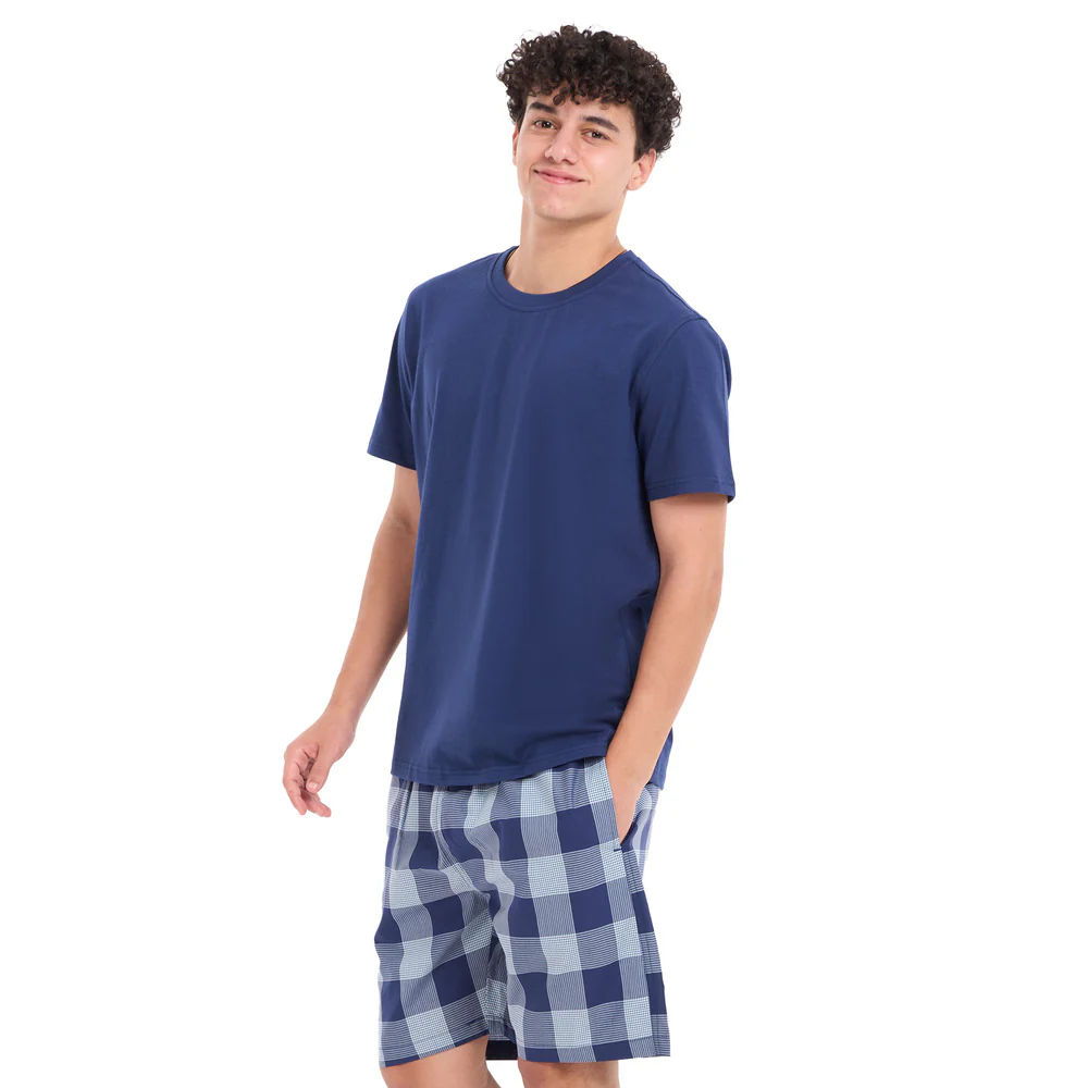 Men summer pajama set Dark blue T-shirt + Light blue x dark blue Checkered shorts - Image 3