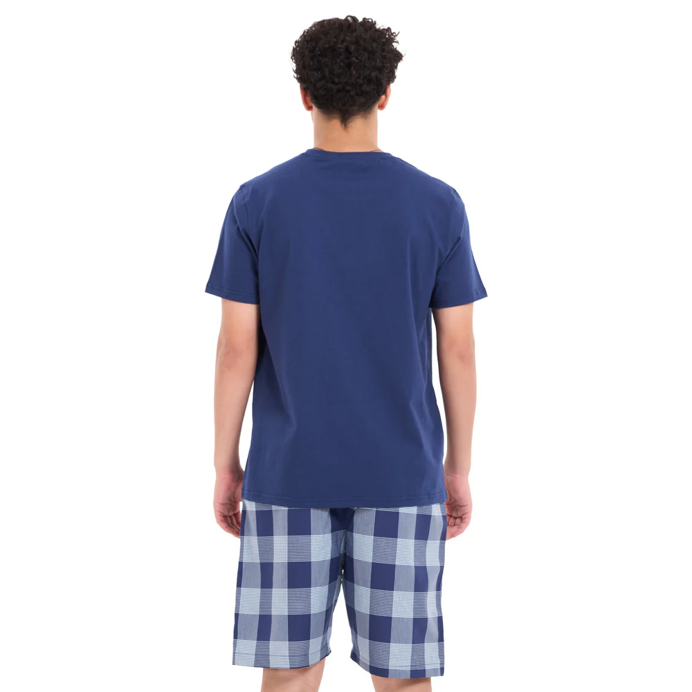 Men summer pajama set Dark blue T-shirt + Light blue x dark blue Checkered shorts - Image 4