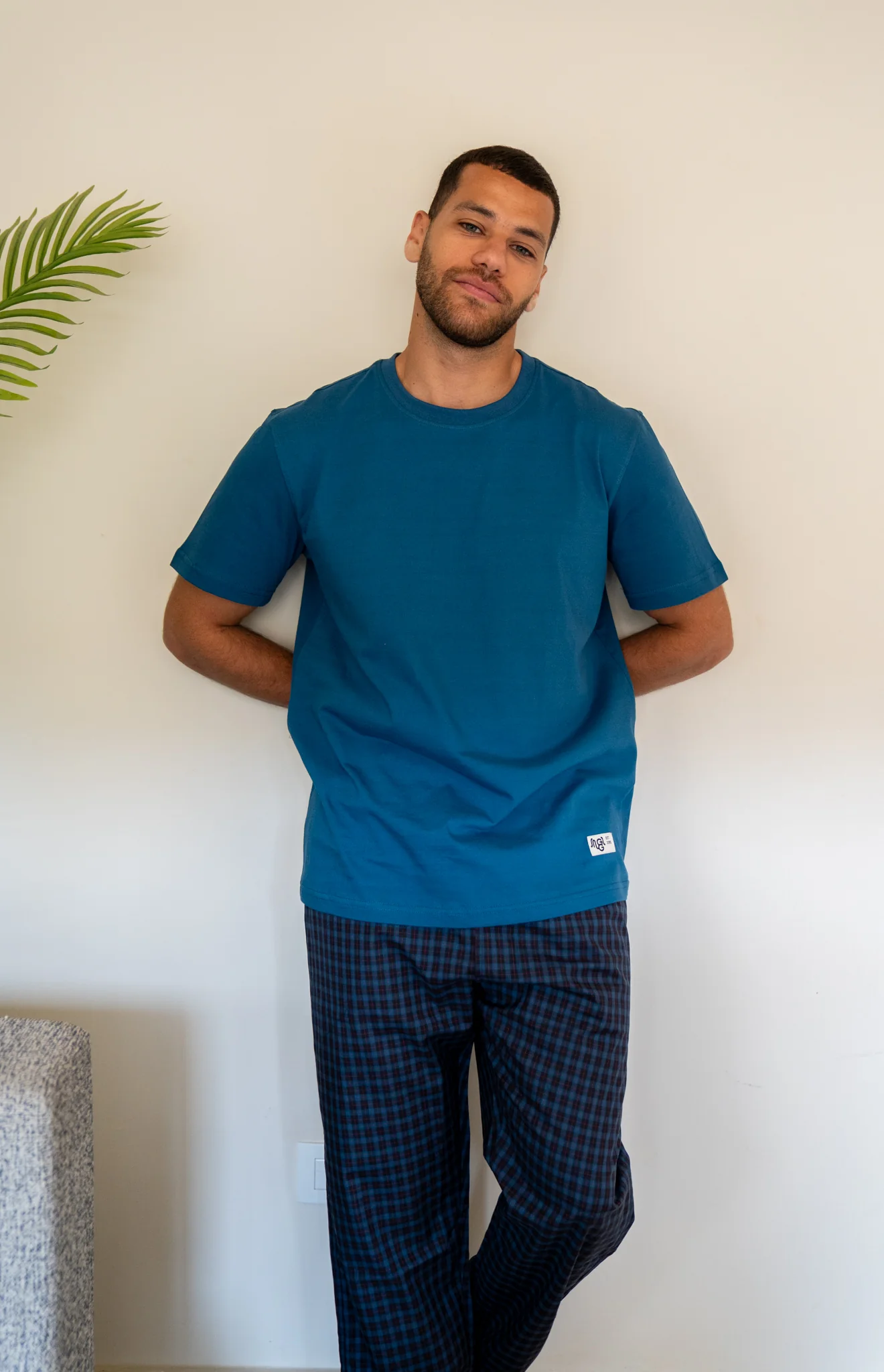 Men summer pajama set Petroleum T-shirt + Midnight Blue X Black checkered Pants - Image 3