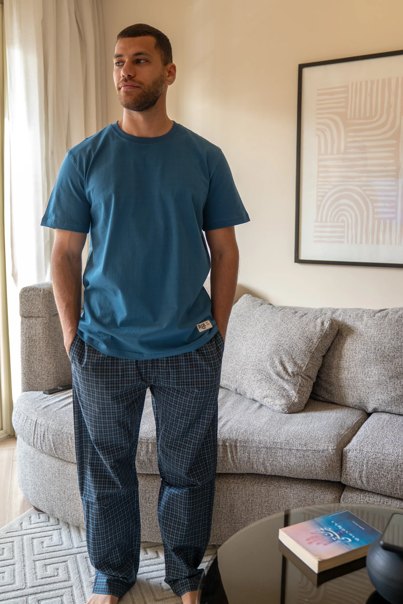 Men summer pajama set Petroleum T-shirt + Midnight Blue X Black checkered Pants - Image 4