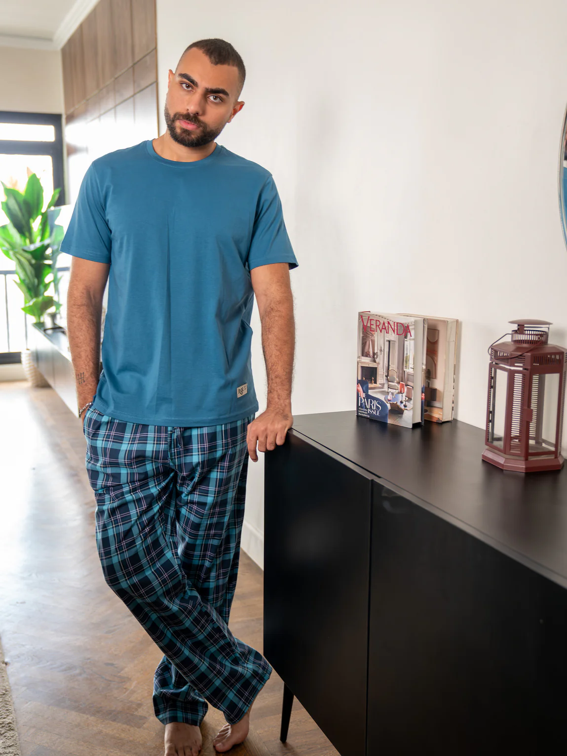 Men summer pajama set Petroleum T-shirt + Navy X Petroleum Plaid Pants - Image 2