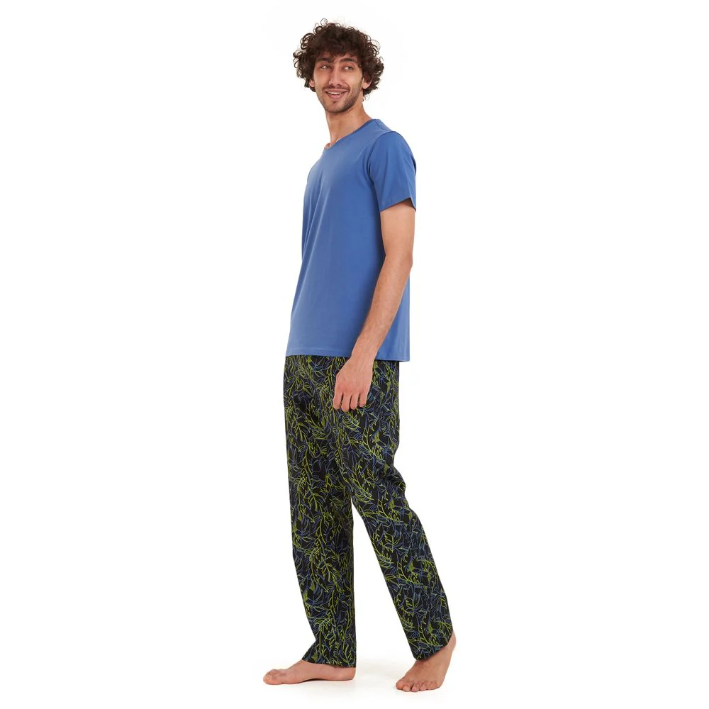 Men summer pajama set Petroleum T-shirt + petroleum x lime green pants - Image 3
