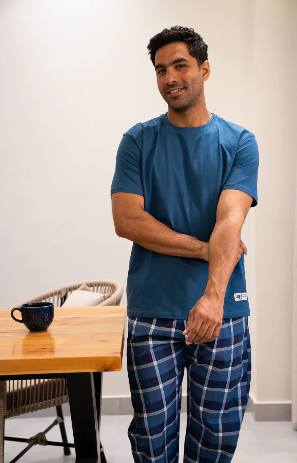 Men summer pajama set Petroleum T-shirt + Petroleum X Silver Tartan Pants - Image 2