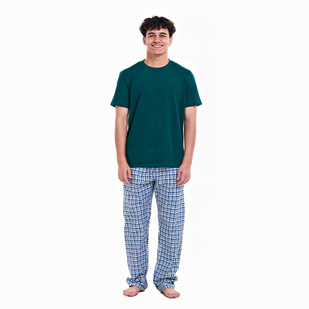 Men summer pajama set Petroleum T-shirt + Petroleum x White Checkered Pants - Image 2