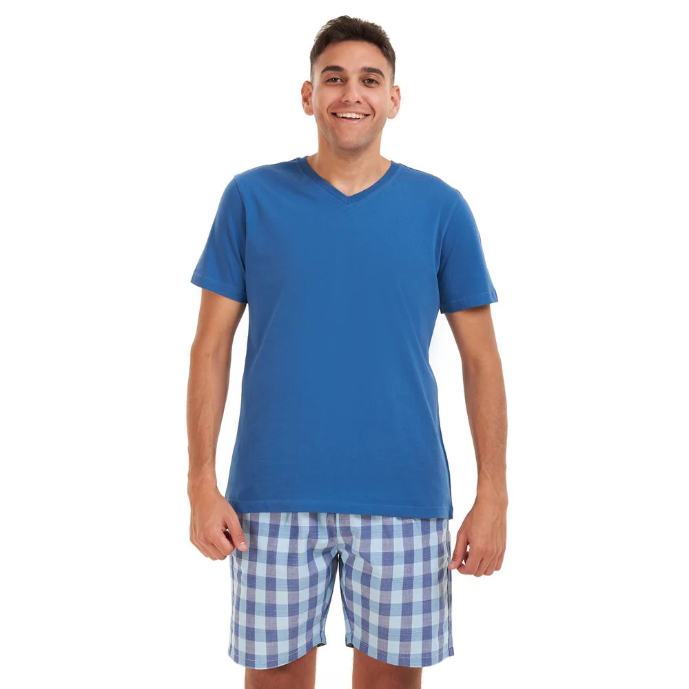 Men summer pajama set Petroleum T-shirt + Aqua x blue checkered short - Image 2