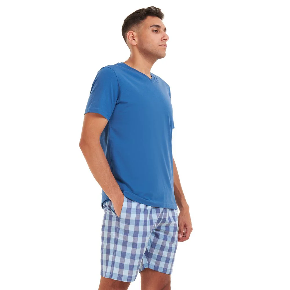 Men summer pajama set Petroleum T-shirt + Aqua x blue checkered short - Image 3