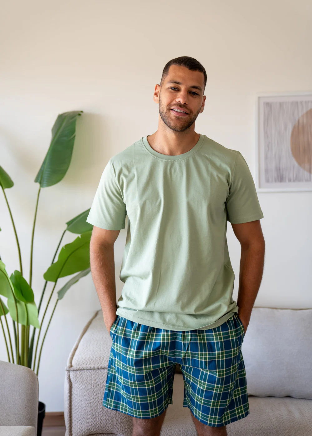 Men Summer Pajama Set Pistache T-shirt + Navy Blue X Pistache Tartan Short - Image 2