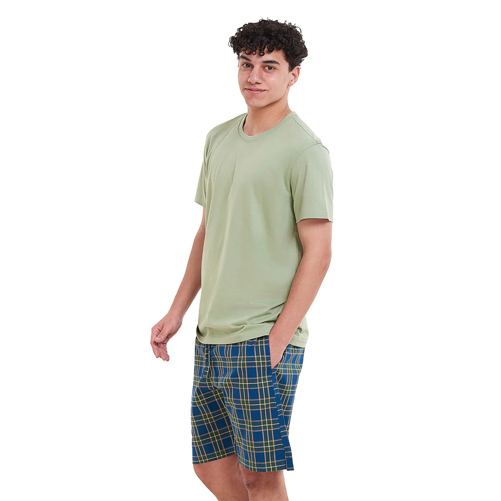Men summer pajama set  Pistachio T-shirt + Olive x Pertroleum checkered  shorts - Image 2