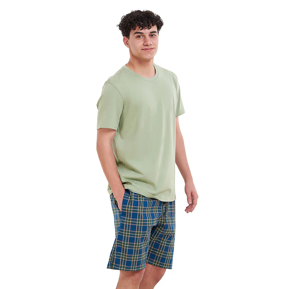 Men summer pajama set  Pistachio T-shirt + Olive x Pertroleum checkered  shorts - Image 3