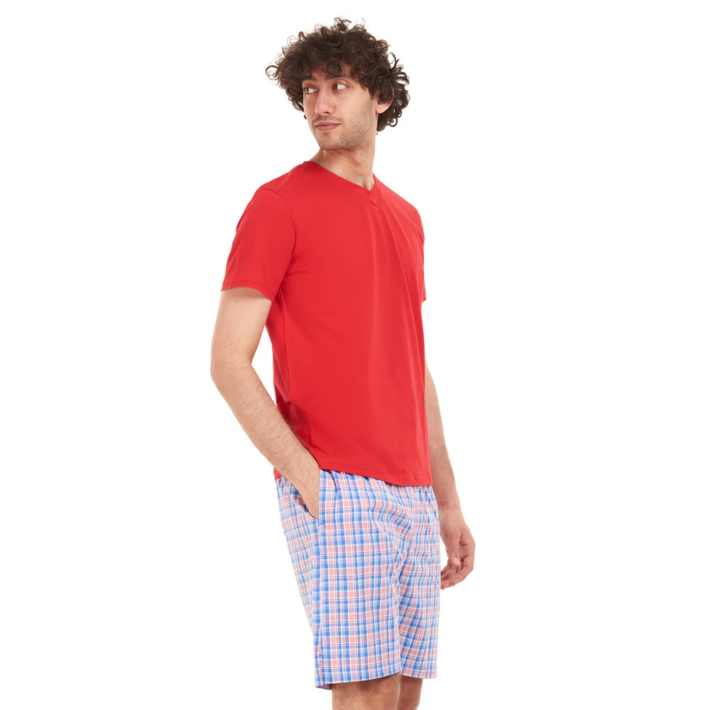 Men summer pajama set Red T-shirt + Blue x red checkered short - Image 2