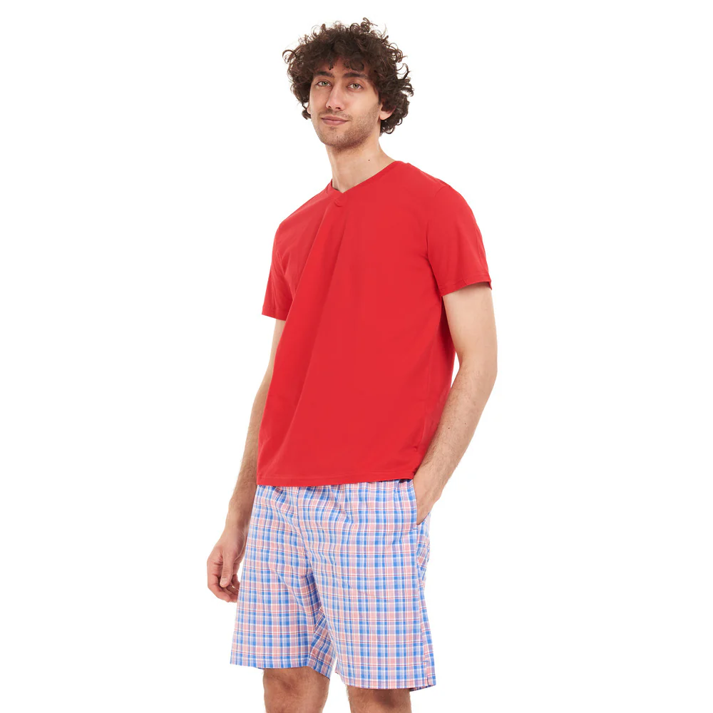 Men summer pajama set Red T-shirt + Blue x red checkered short - Image 3