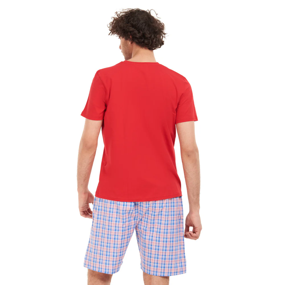 Men summer pajama set Red T-shirt + Blue x red checkered short - Image 4