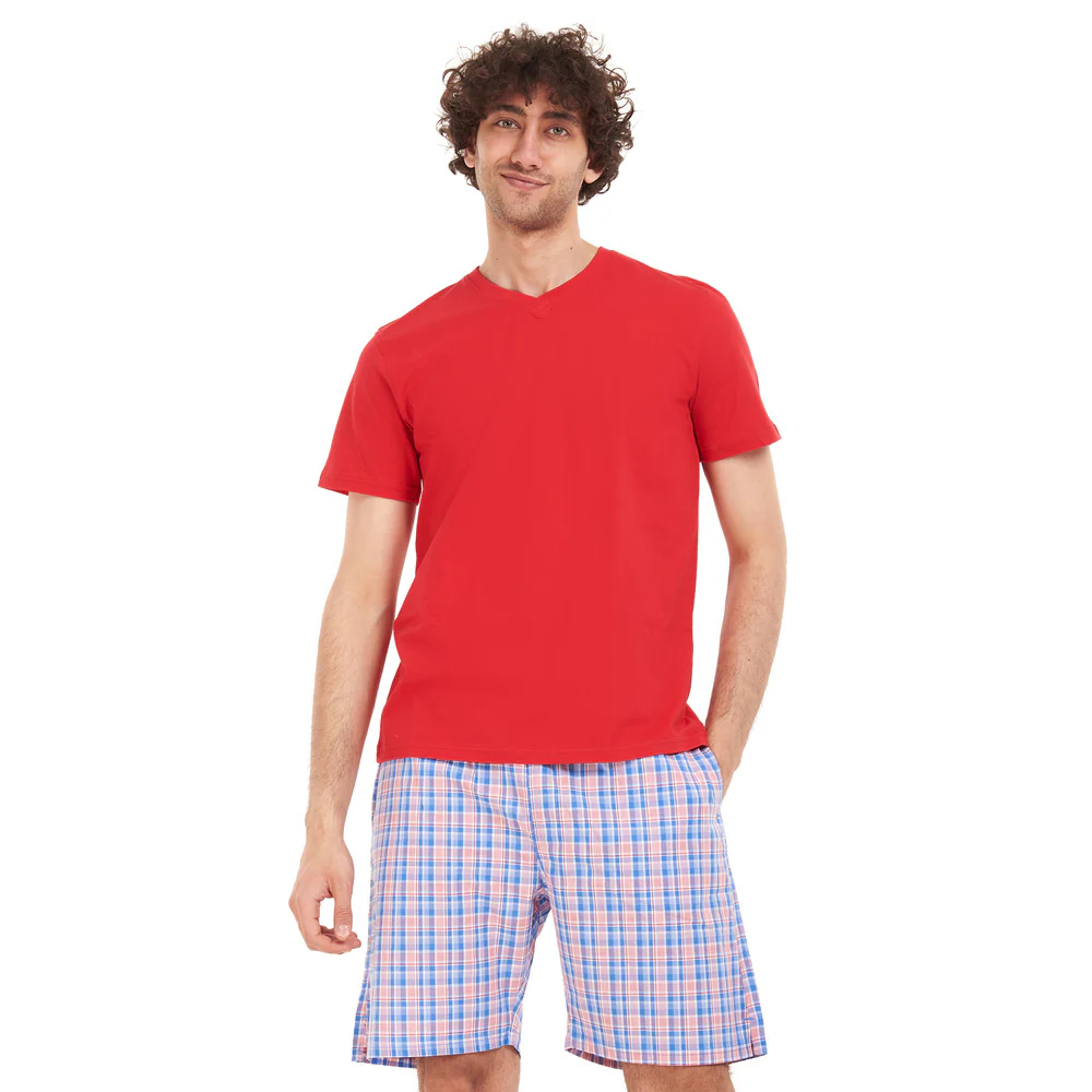 Men summer pajama set Red T-shirt + Blue x red checkered short - Image 5