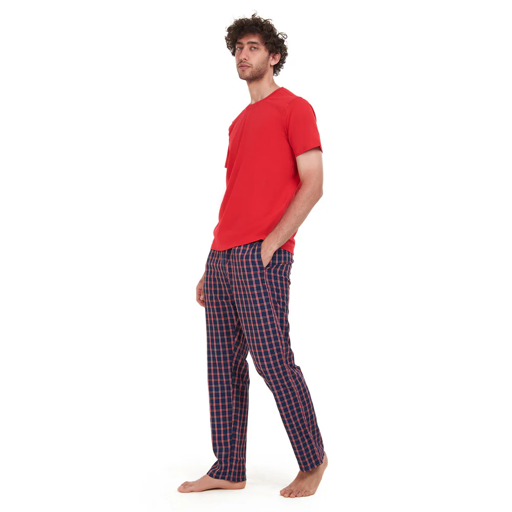 Men summer pajama set Red T-shirt + Dark Blue x Red checkered pants - Image 2