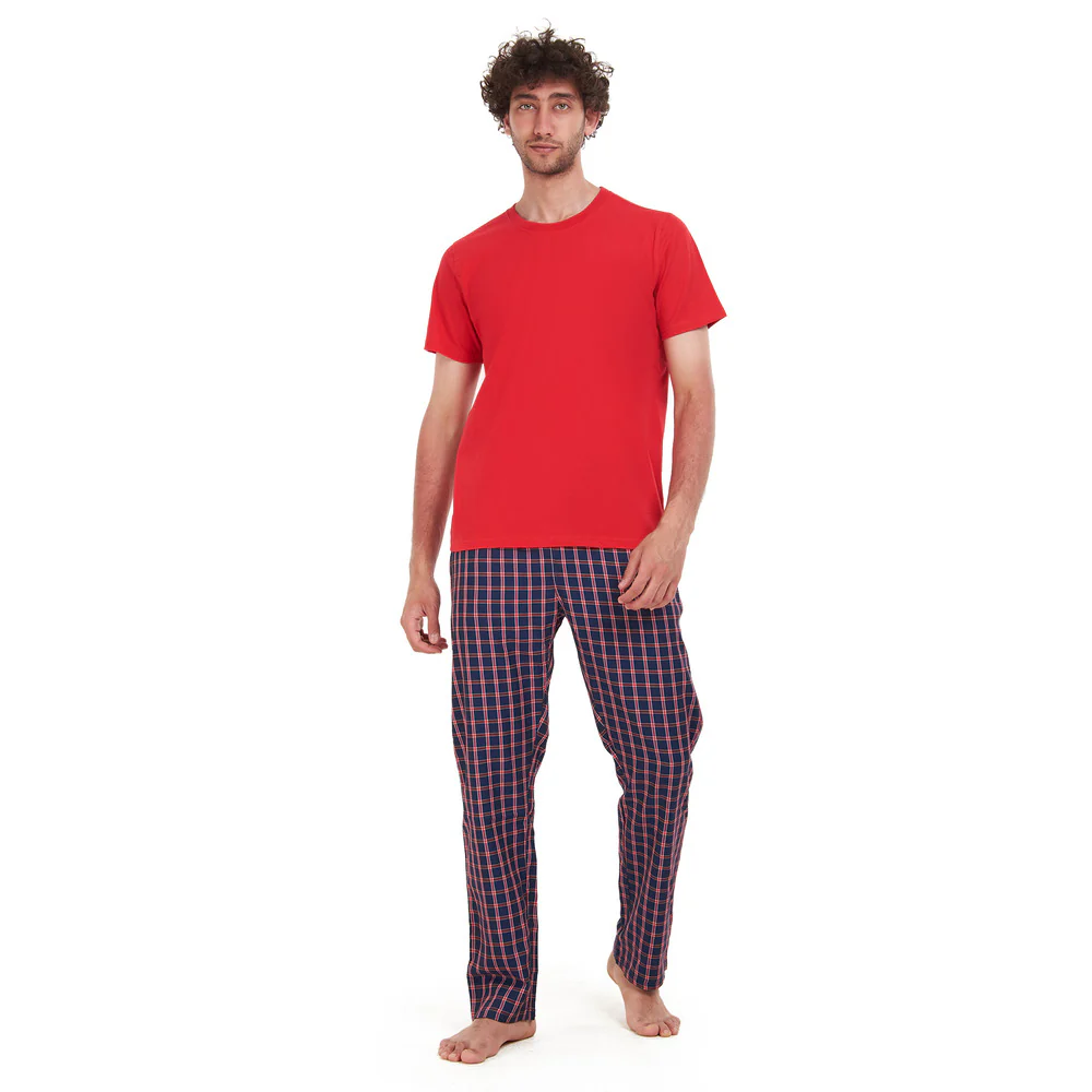 Men summer pajama set Red T-shirt + Dark Blue x Red checkered pants - Image 3