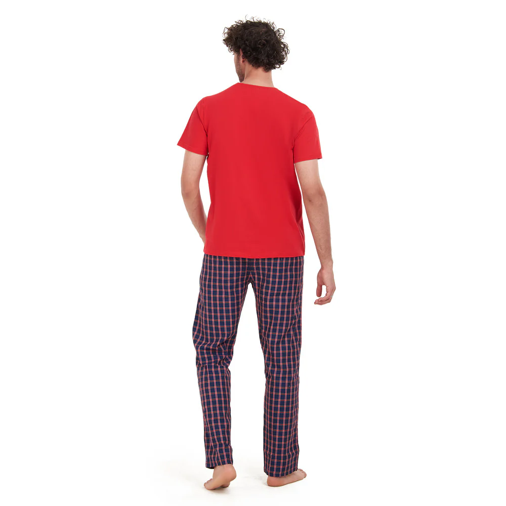 Men summer pajama set Red T-shirt + Dark Blue x Red checkered pants - Image 4