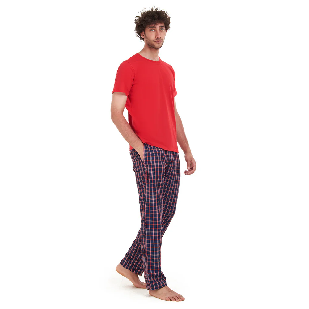 Men summer pajama set Red T-shirt + Dark Blue x Red checkered pants - Image 5