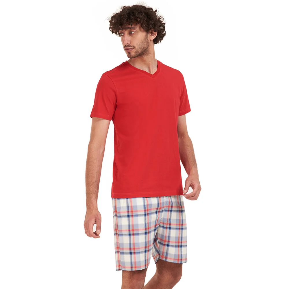 Men summer pajama set Red t-shirt + Red x Dark blue checkered shorts - Image 2