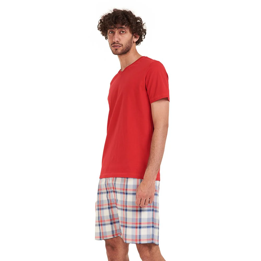 Men summer pajama set Red t-shirt + Red x Dark blue checkered shorts - Image 3
