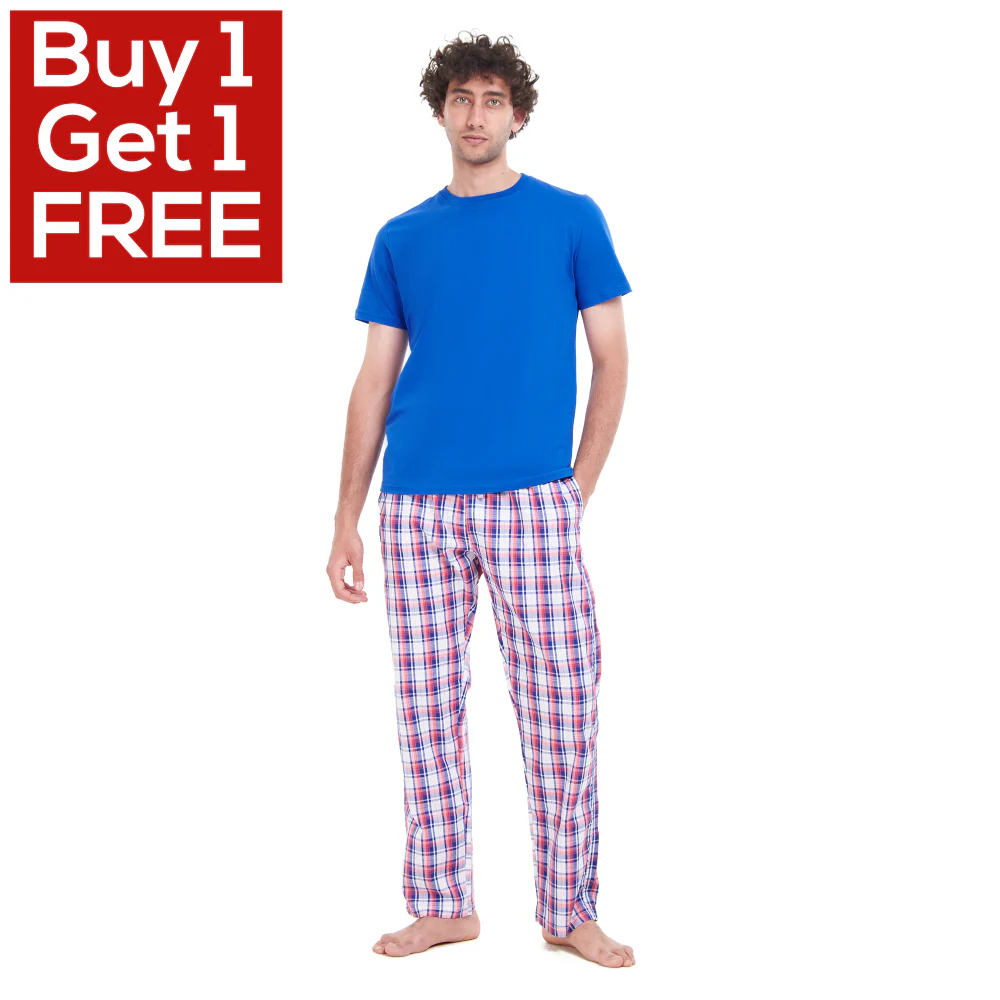 Men summer pajama set Royal Blue T-shirt + Blue x Red Checkered pants