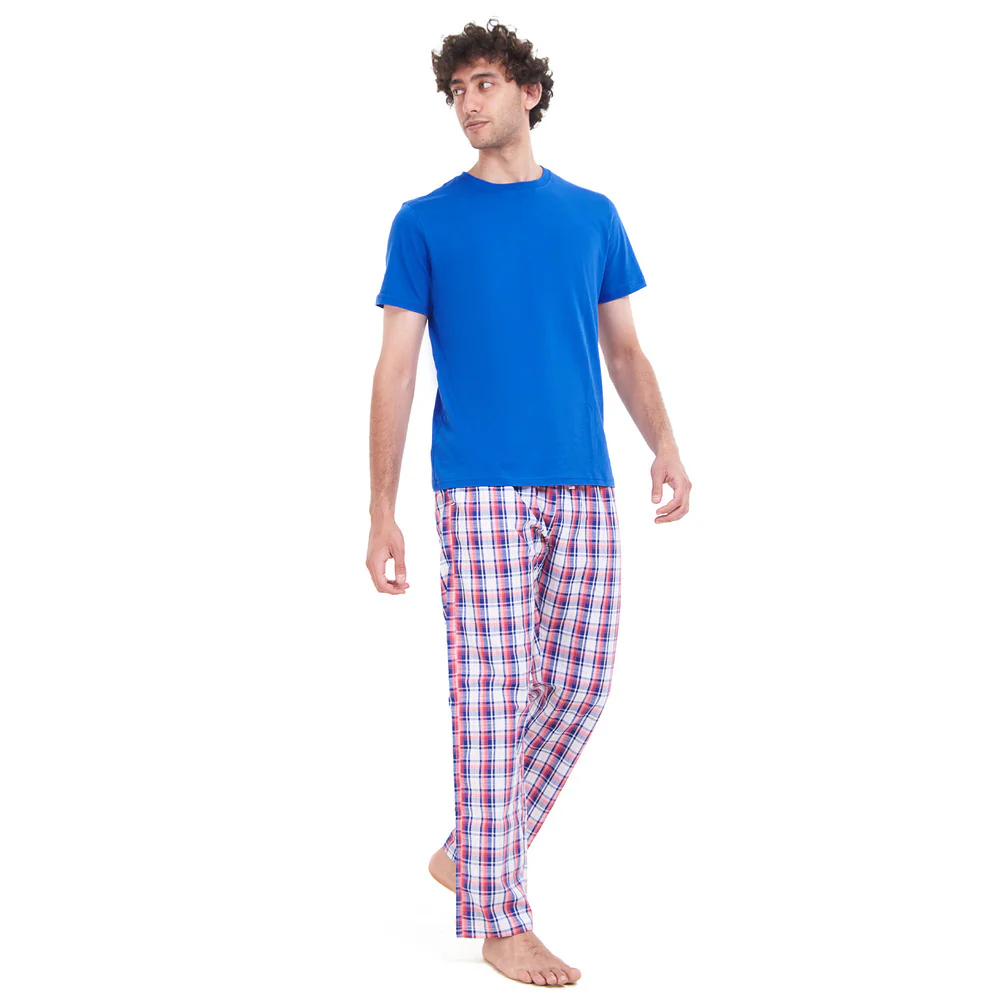 Men summer pajama set Royal Blue T-shirt + Blue x Red Checkered pants - Image 2