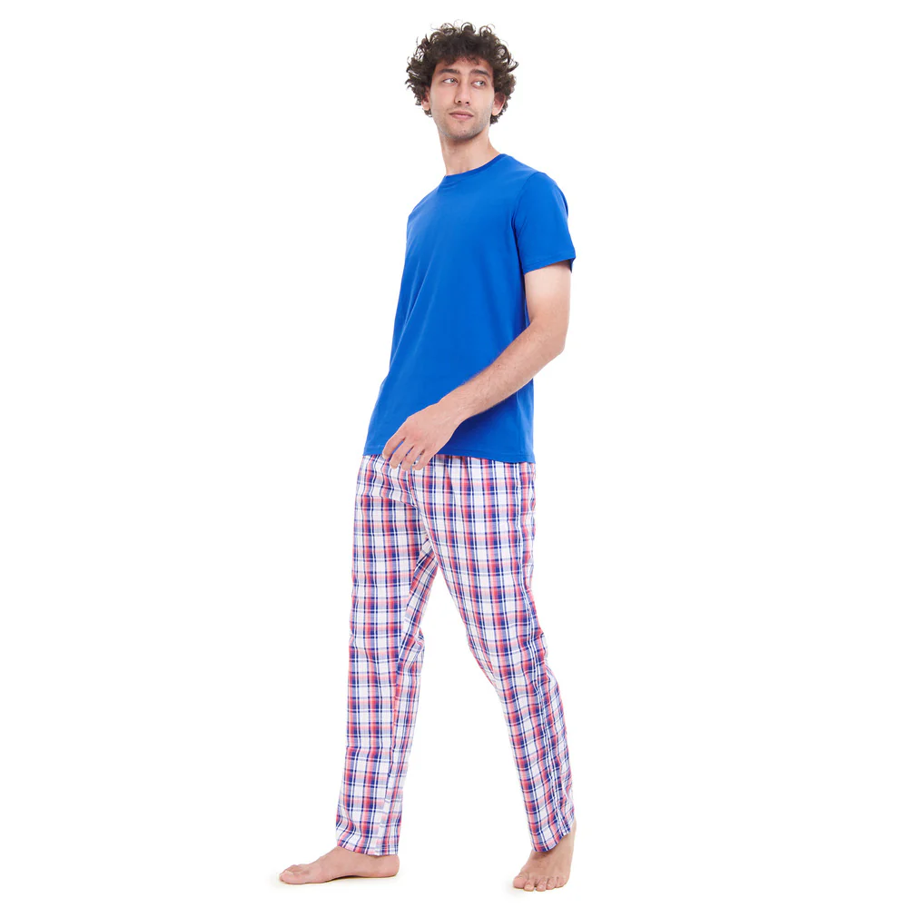 Men summer pajama set Royal Blue T-shirt + Blue x Red Checkered pants - Image 3