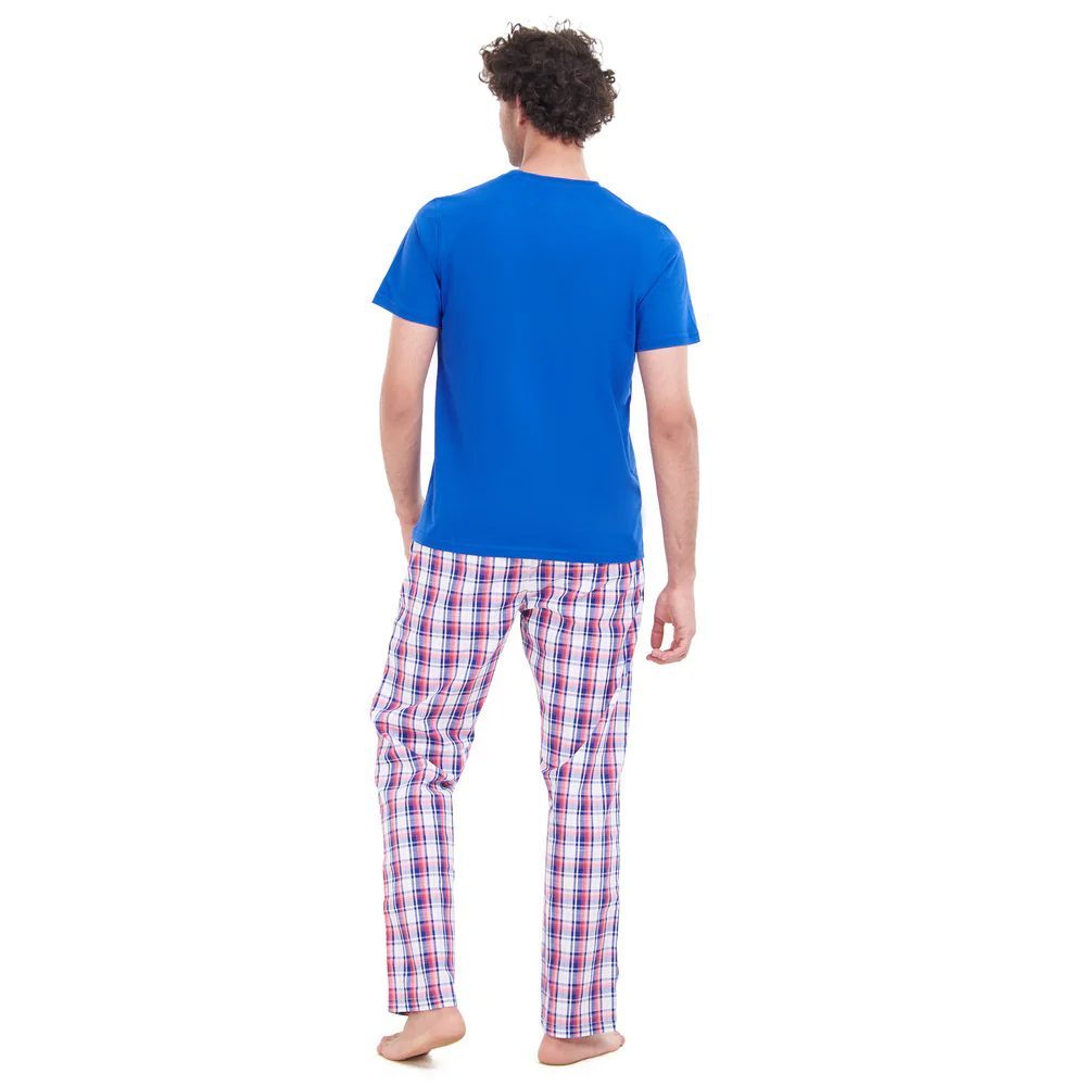 Men summer pajama set Royal Blue T-shirt + Blue x Red Checkered pants - Image 4