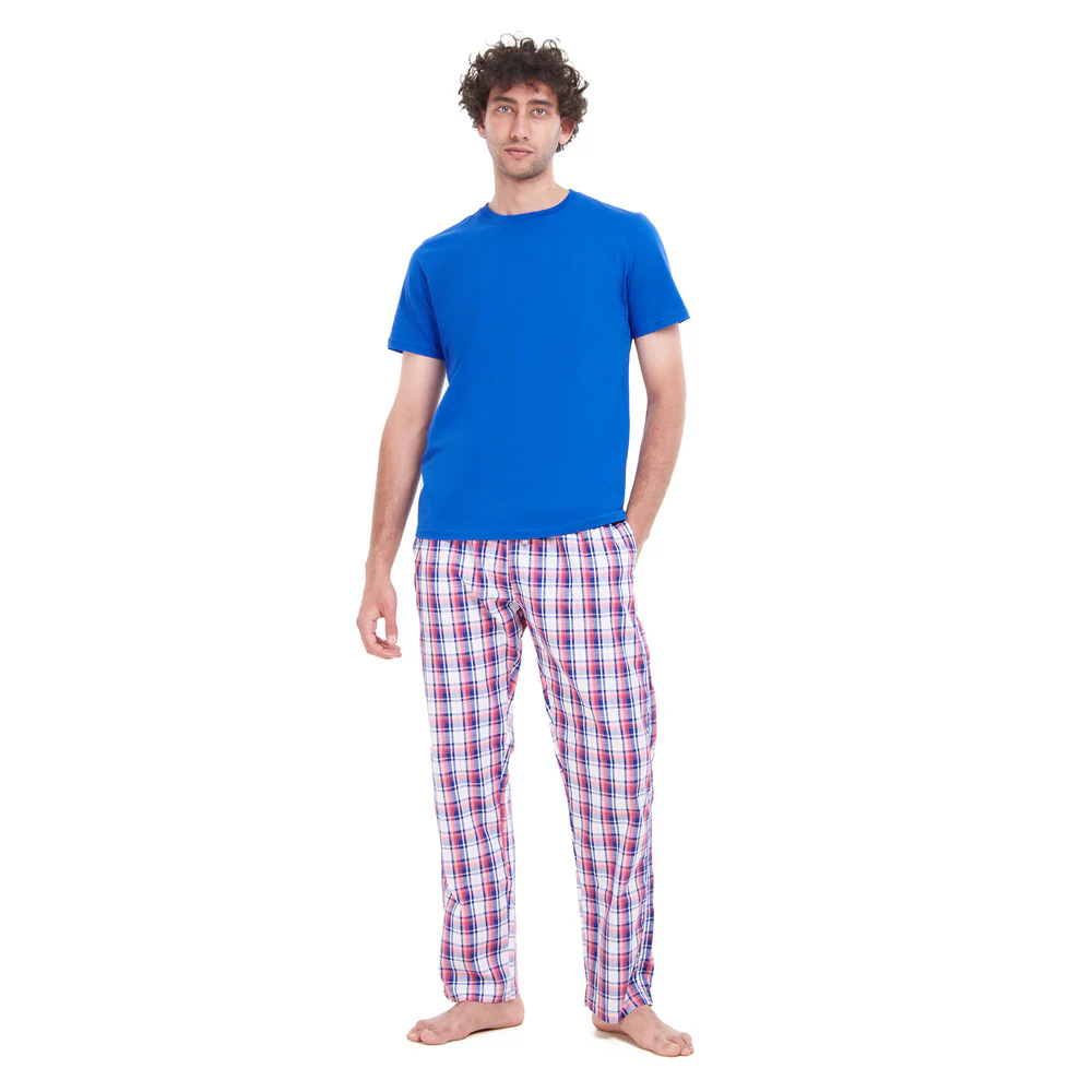 Men summer pajama set Royal Blue T-shirt + Blue x Red Checkered pants - Image 5