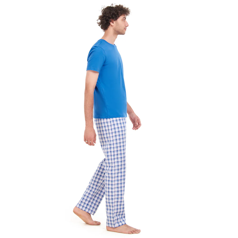 Men summer pajama set Royal Blue T-shirt + Blue x White Checkered pants - Image 2