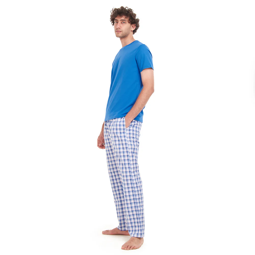 Men summer pajama set Royal Blue T-shirt + Blue x White Checkered pants - Image 3