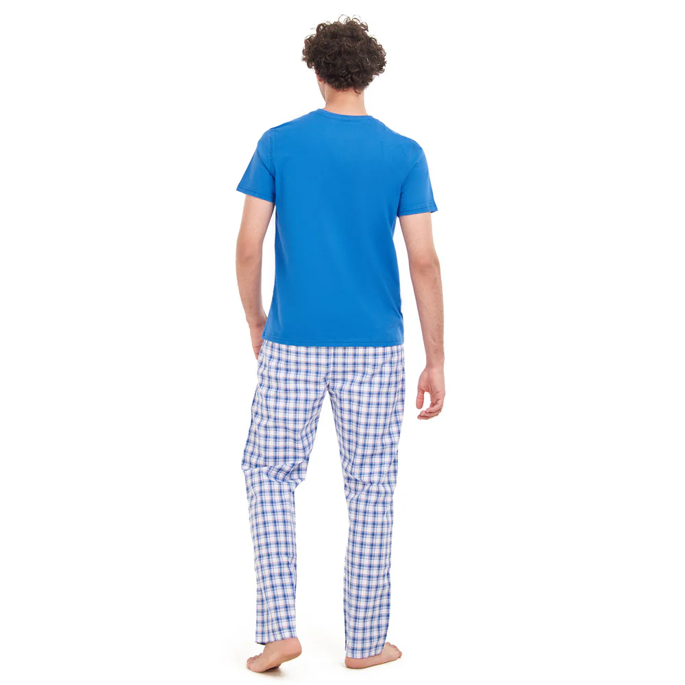 Men summer pajama set Royal Blue T-shirt + Blue x White Checkered pants - Image 4