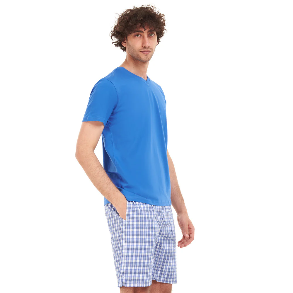Men summer pajama set Royal blue T-shirt + Blue x white checkered short - Image 2