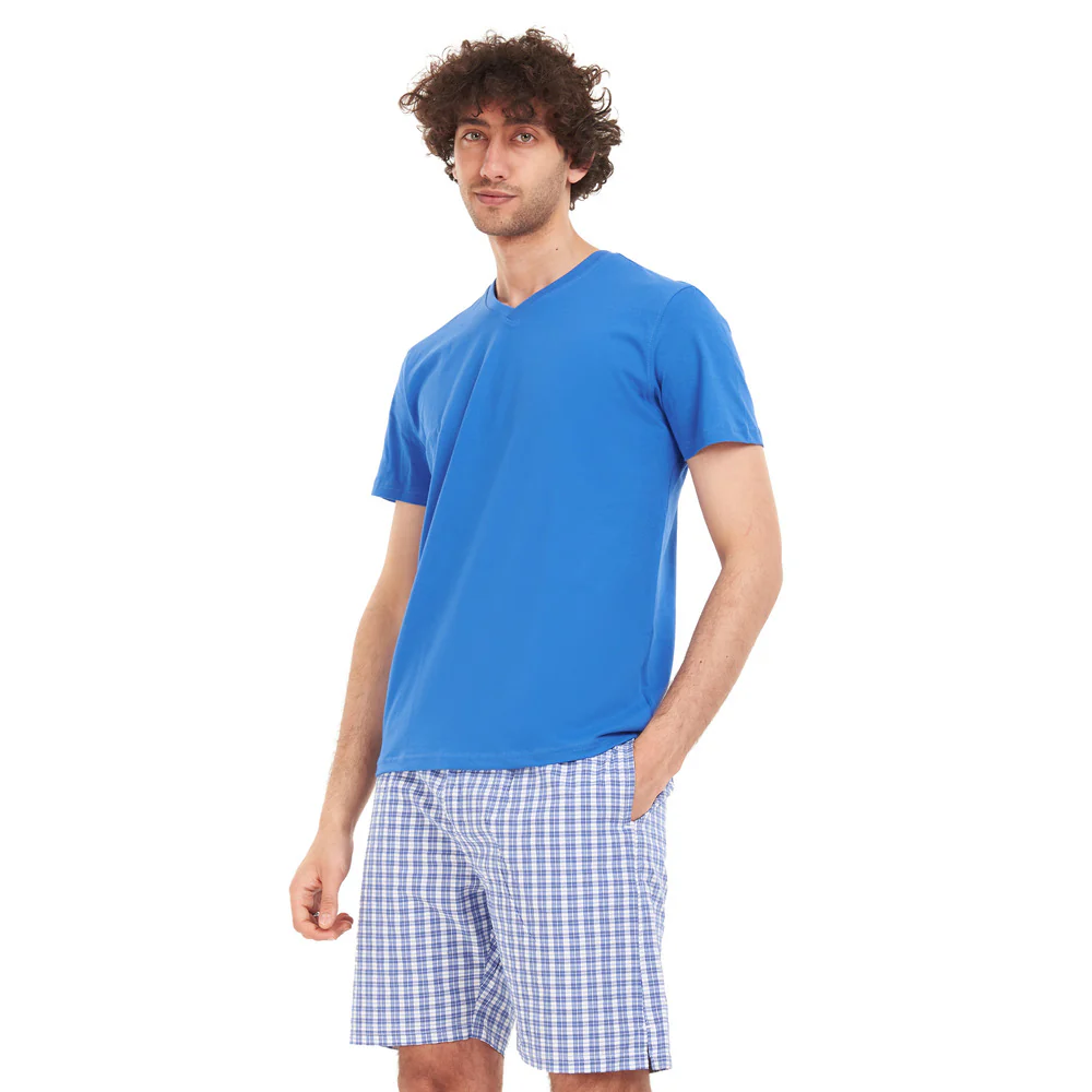 Men summer pajama set Royal blue T-shirt + Blue x white checkered short - Image 3