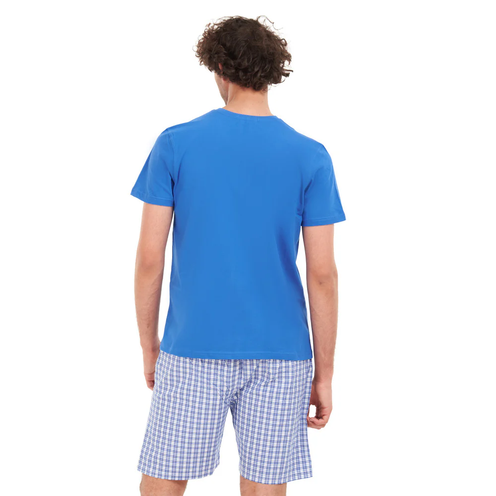 Men summer pajama set Royal blue T-shirt + Blue x white checkered short - Image 4
