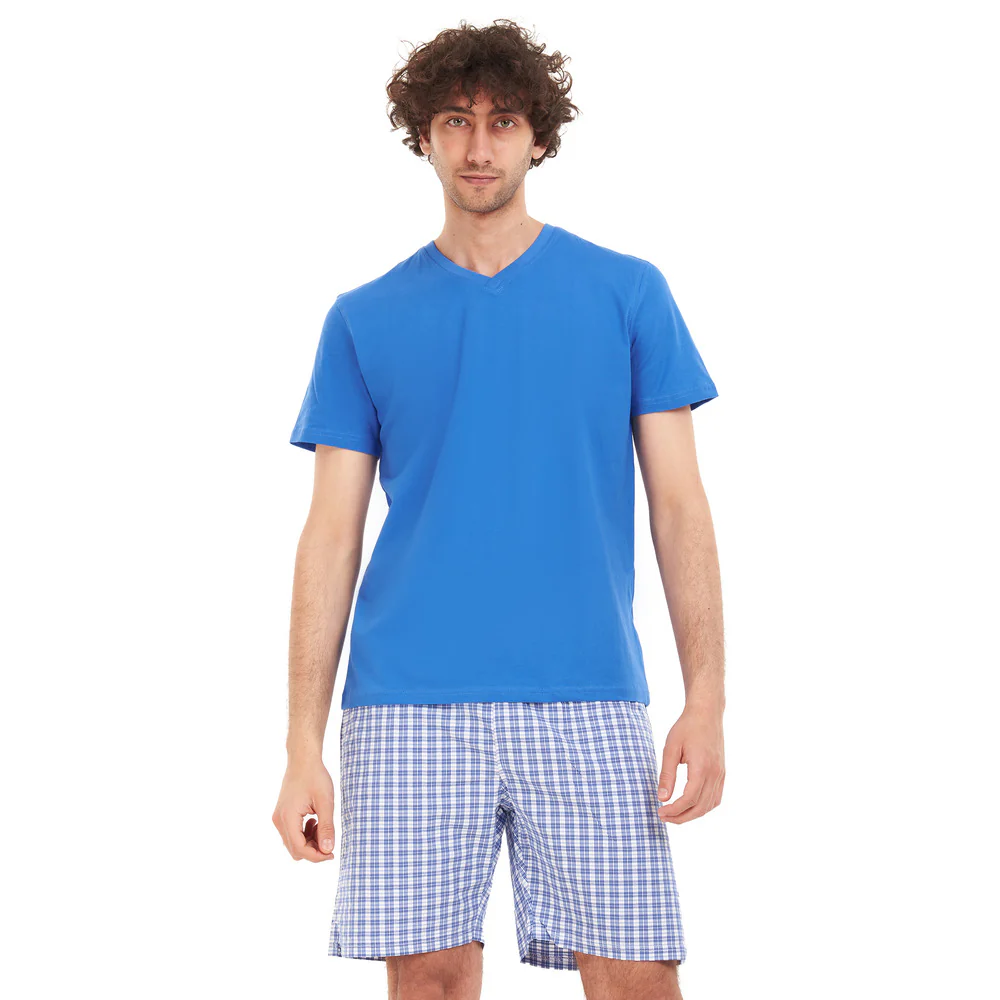 Men summer pajama set Royal blue T-shirt + Blue x white checkered short - Image 5