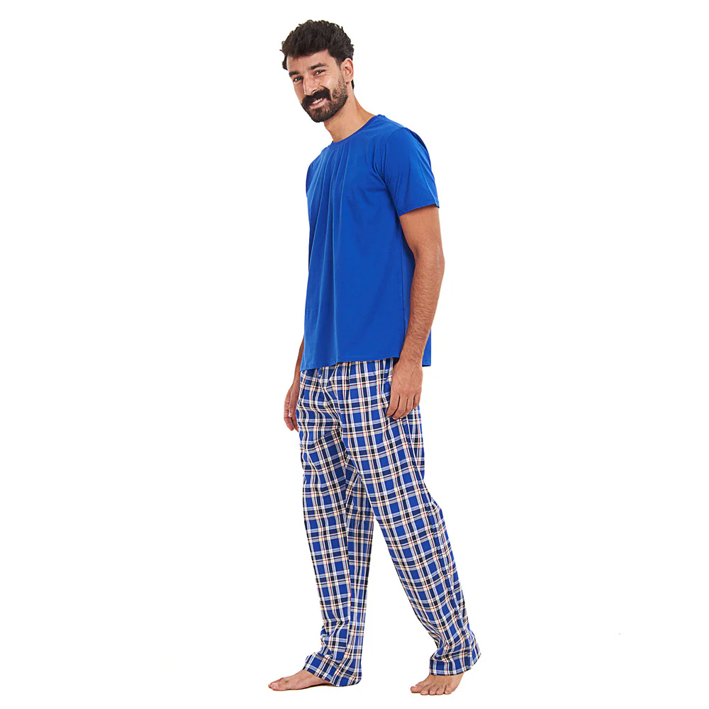 Men summer pajama set Royal blue T-shirt + Royal blue x Red Checkered Pants - Image 2