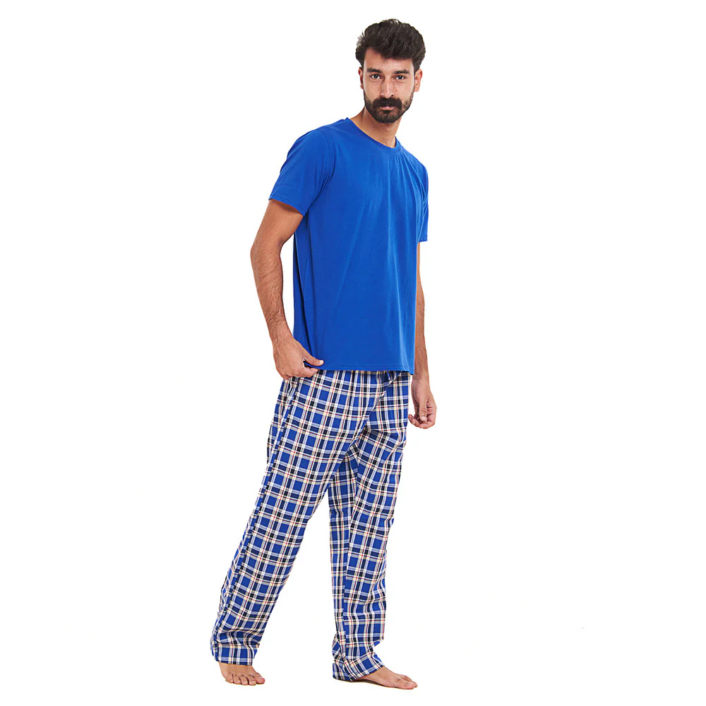 Men summer pajama set Royal blue T-shirt + Royal blue x Red Checkered Pants - Image 3