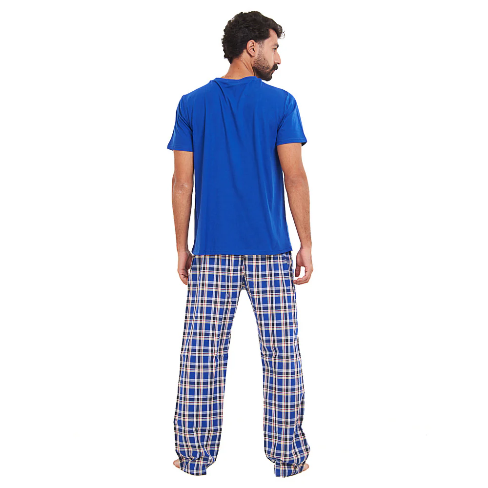 Men summer pajama set Royal blue T-shirt + Royal blue x Red Checkered Pants - Image 4