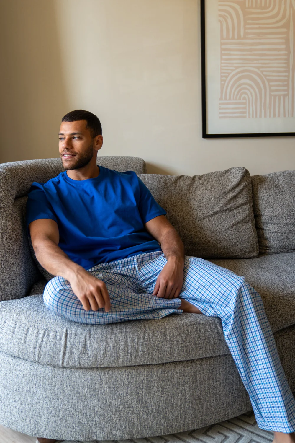 Men summer pajama set Royal Blue T-shirt + Sky blue X Navy checkered Pants - Image 2