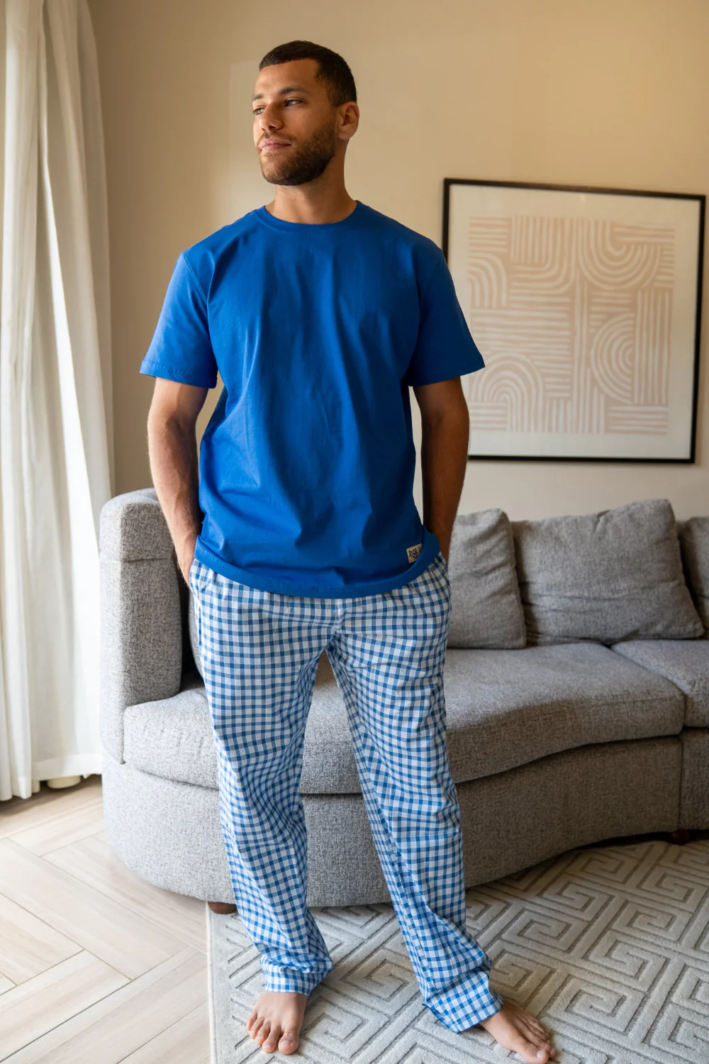 Men summer pajama set Royal Blue T-shirt + Soft Blue Gingham Pants - Image 2