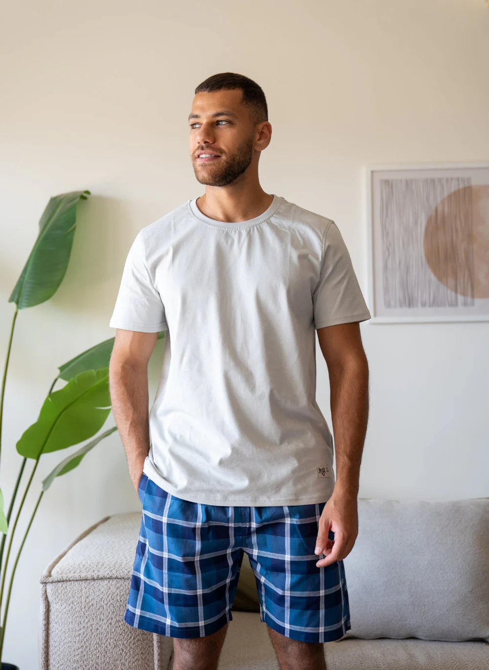 Men Summer Pajama Set Silver T-shirt + Petroleum X Silver Tartan Short - Image 2