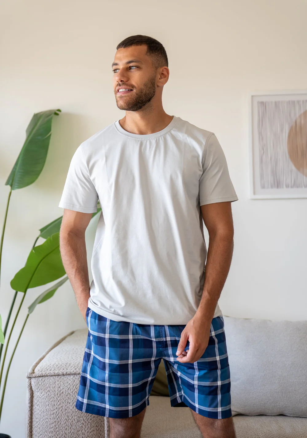 Men Summer Pajama Set Silver T-shirt + Petroleum X Silver Tartan Short - Image 3