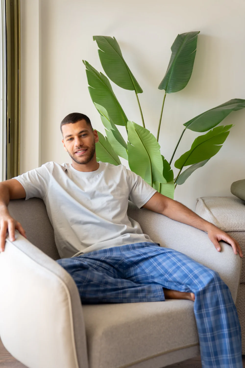Men summer pajama set Silver T-shirt + White X Silver Plaid Pants - Image 2