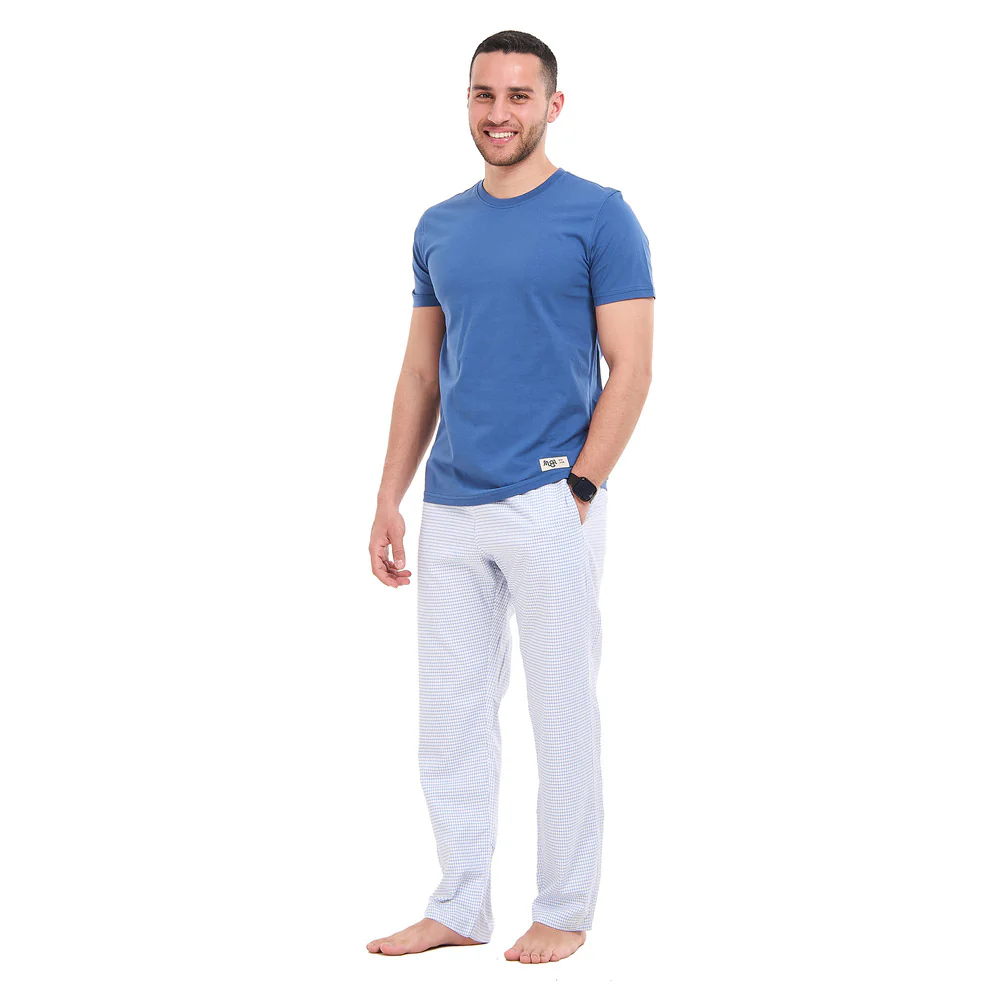 Men summer pajama set Steel blue T-shirt + Steel blue graph checkered Pants - Image 2