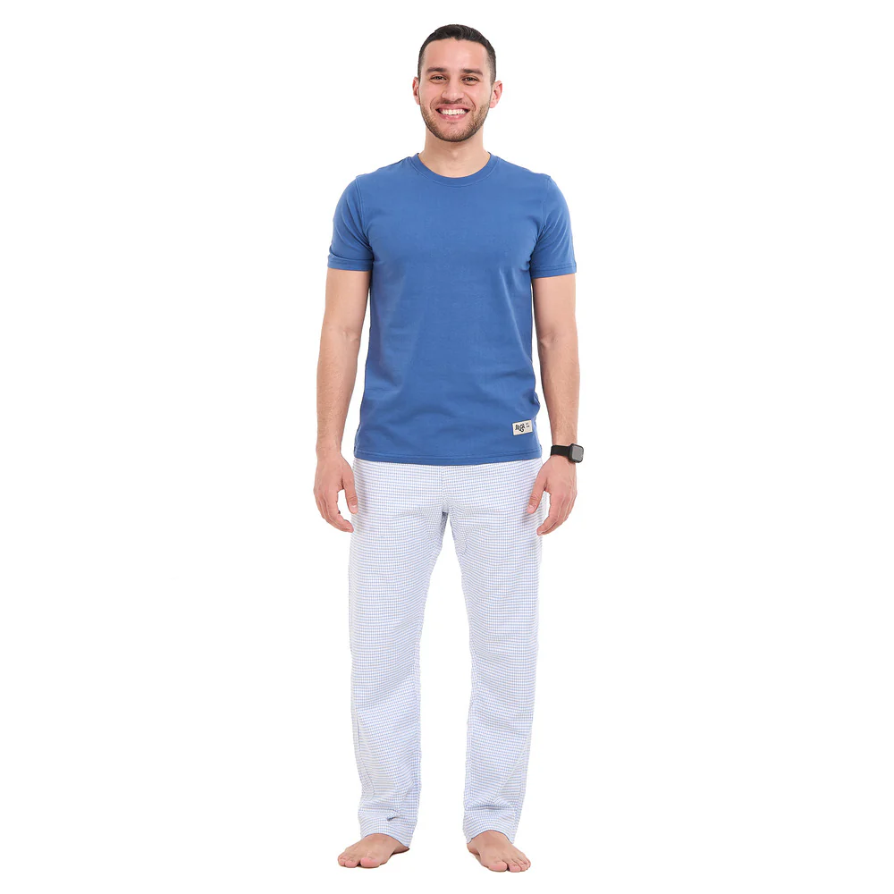 Men summer pajama set Steel blue T-shirt + Steel blue graph checkered Pants - Image 4