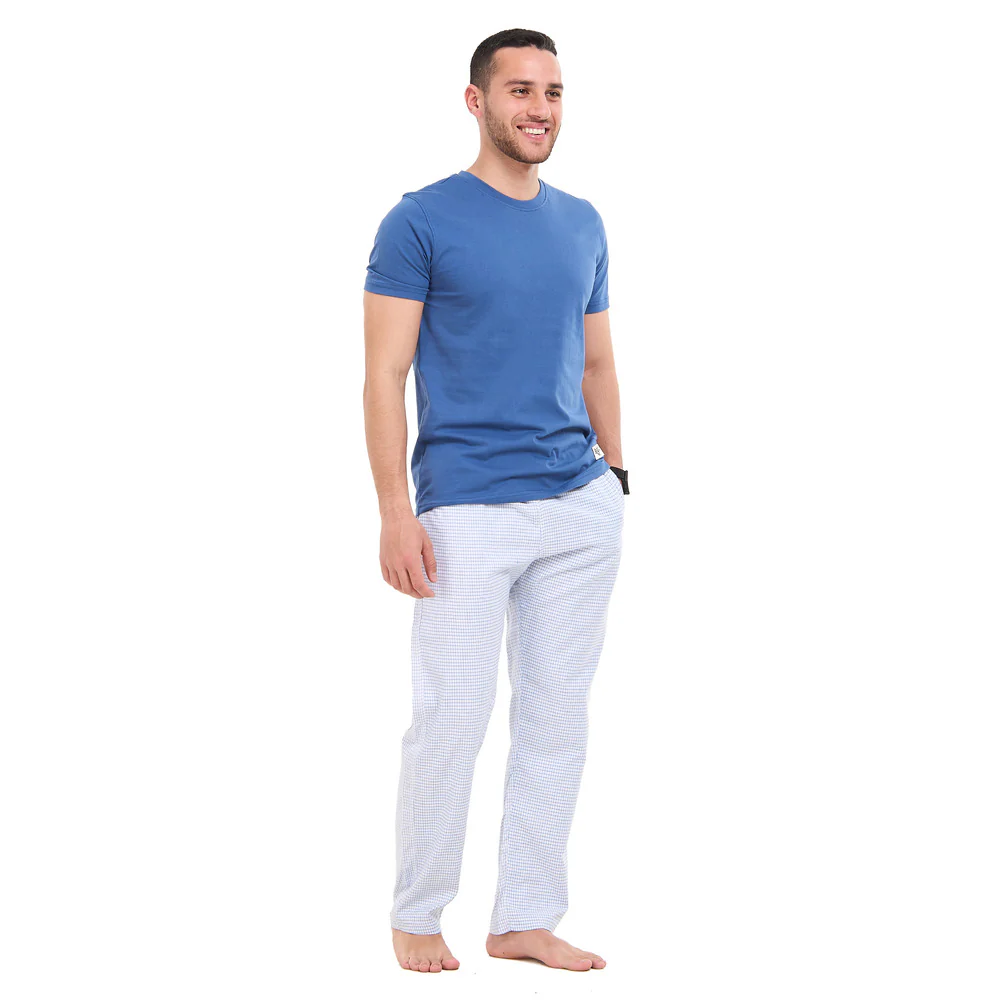 Men summer pajama set Steel blue T-shirt + Steel blue graph checkered Pants - Image 5