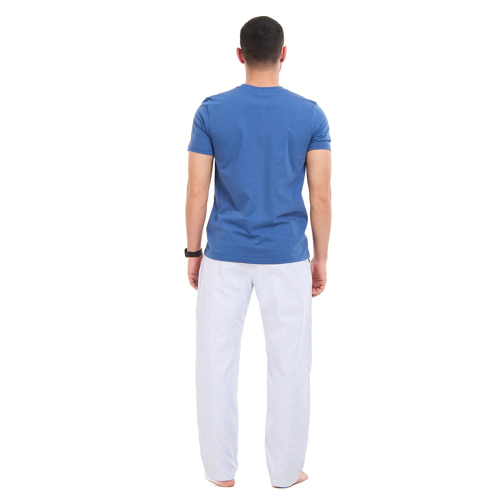 Men summer pajama set Steel blue T-shirt + Steel blue graph checkered Pants - Image 6
